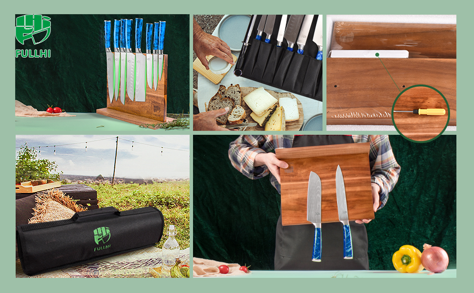Японський набір ножів Fullhi 15 предметів з магнітним підставкою, з високоякісної сталі, ергономічні ручки з харчового пластику, для професійної та домашньої кухні
