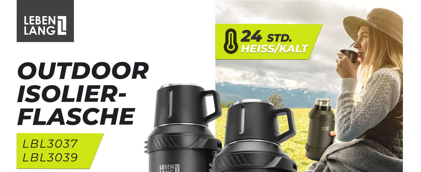 Термос LEBENLANG 2,5 л з чашкою, ситом та ремінцем | Нержавіюча сталь, 24 год зберігання тепла | Термокружка, ізотермос, фляга 2500 мл