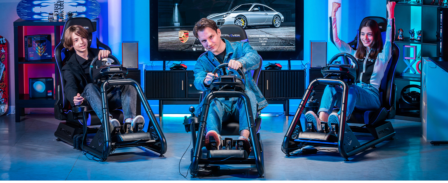 GTPLAYER Симулятор кокпіт для автосимуляторів, стійка для керма та педалей з динаміками (Синій)