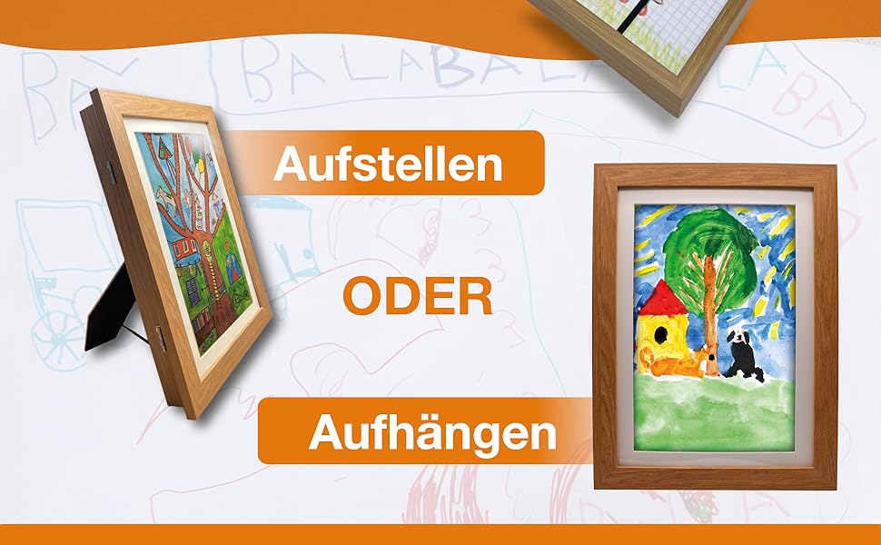 BALA® Преміум рамки для фотографій - 2 шт. A4, для дитячих малюнків, з фронтальною відкриваністю та кріпленням для підвішування/ставлення, 120+ фото, дерево