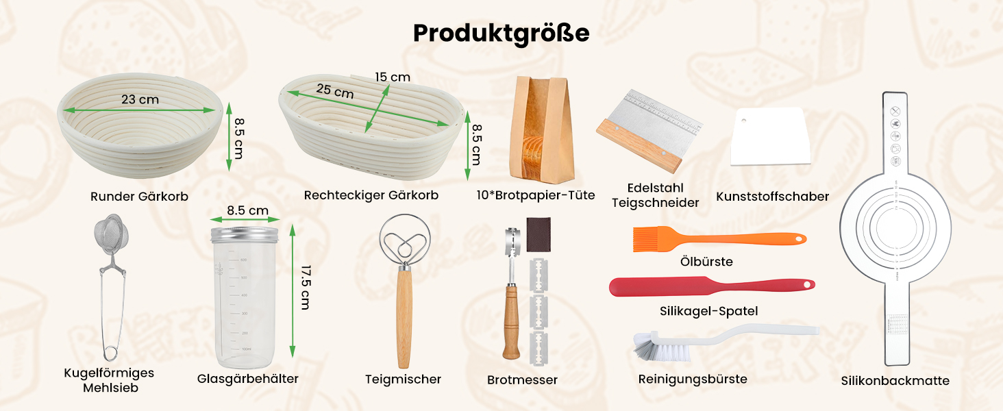 Набір для закваски GEEKHOM: 14 предметів для випікання хліба (заквасочний кошик круглий та овальний, склотара 650 мл, скребок для тіста)