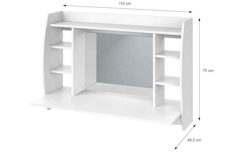 Туалетний столик настінний ML-Design білий, 110x75x48.5 см, з дзеркалом, 6 відділень, табурет з регулюванням висоти, МДФ Дерево