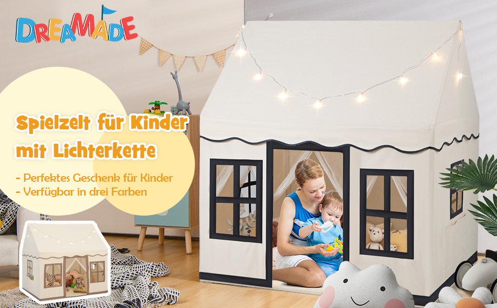 Дитячий намет DREAMADE з гірляндою та килимком, намет Тіпі, дитячий будиночок з вікнами, намет для хлопчиків та дівчаток, для дому та вулиці (Бежевий + Чорний)