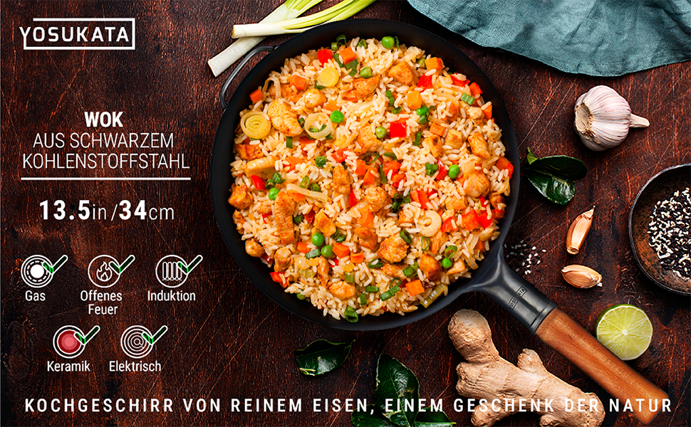 Вок YOSUKATA з вуглецевої сталі 34 см - попередньо обпалений, плоский, для індукційних та газових плит