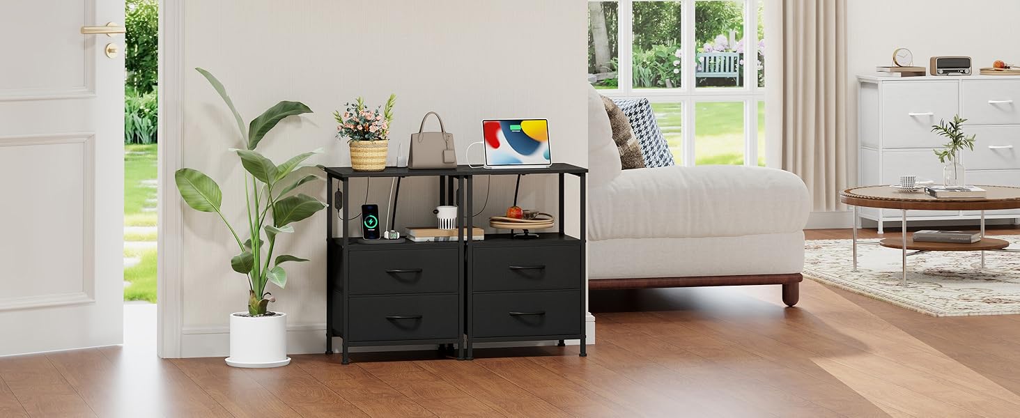 Нічний столик Somdot з підзарядкою, LED, розеткою (USB, Type-C) для спальні, вітальні, дитячої кімнати, чорного кольору, 30x40x60 см (2 висувні ящики)