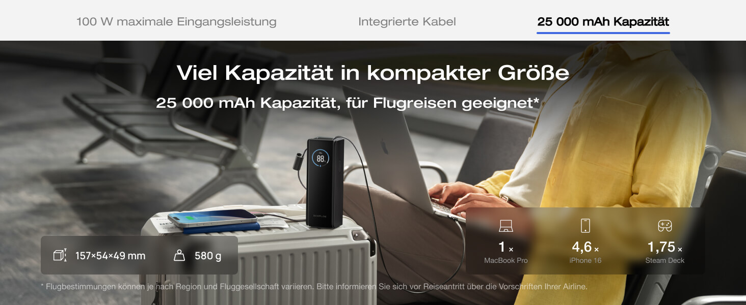 EcoFlow Rapid Powerbank 25000 mAh 170W з вбудованим кабелем, чорний - портативний зарядний пристрій для iPhone, Samsung, MacBook та інших пристроїв