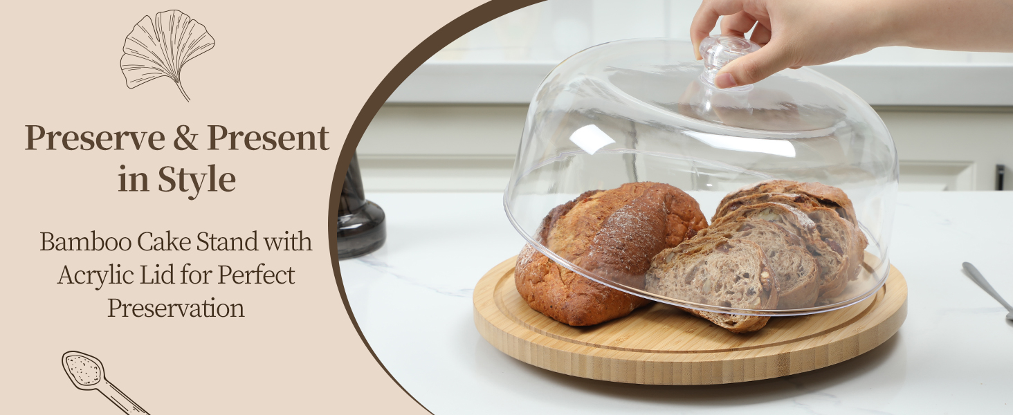 Підставка для тортів Ohuhu з бамбука 2-в-1 з кришкою, обертова тальянка з 3 знімними ніжками та акриловою кришкою для випічки, декору та святкування, чудовий подарунок для жінок