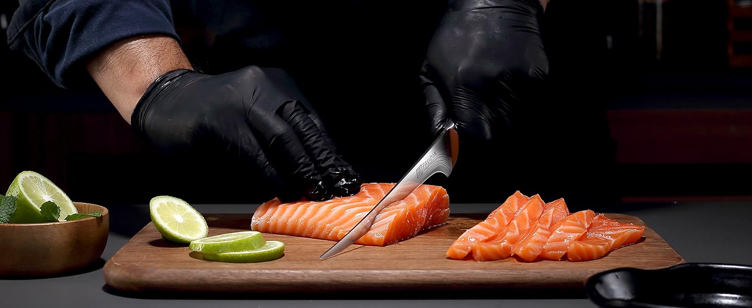 Ніж сантоку PAUDIN з дамаської сталі, 13 см - професійний кухонний ніж для кухні, надзвичайно гострий, з високоякісної нержавіючої сталі та ергономічною ручкою G10 (рибний ніж 18 см)