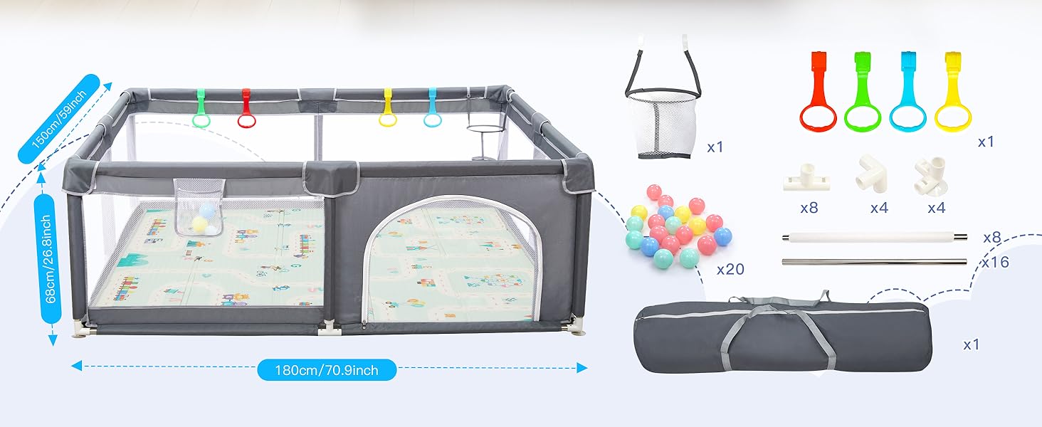 Манеж дитячий CHOLY для немовлят та малюків, 128x128 см (сірий з килимком 150x180 см) - безпечний, міцний, з сіткою та захистом
