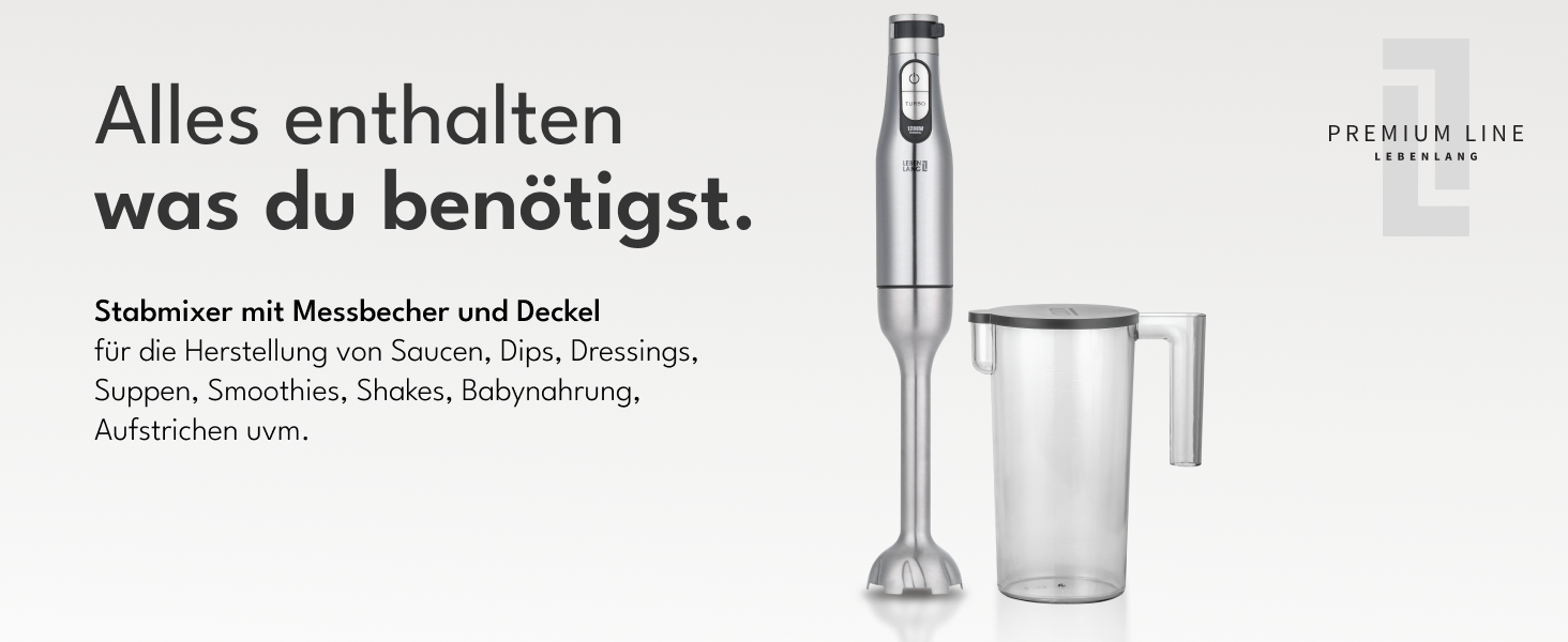 LEBENLANG Преміум Стабілізатор 1200W - Набір для занурювального блендера з 5 аксесуарами та захистом від бризок | Безступінчасте регулювання, Turbo | Електричний блендер, занурювальний міксер з нержавіючої сталі