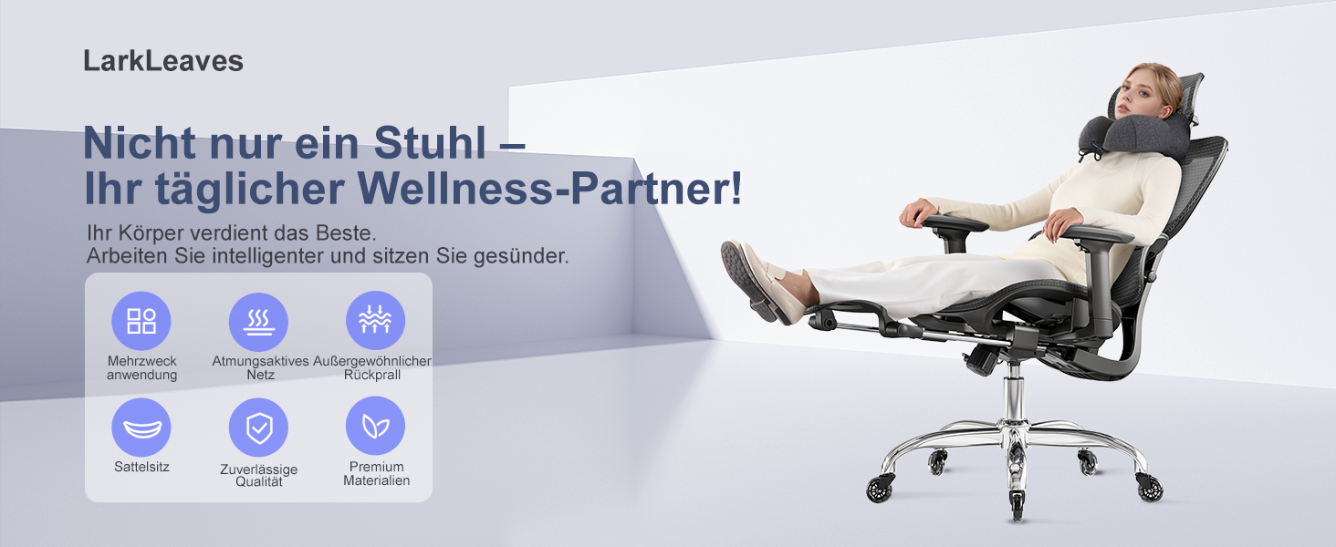 Ергономічне крісло для офісу з підніжкою та подушкою для шиї, 5-рівневе регулювання спинки, 2D підтримка попереку, 3D підлокітники/підголівник, функція нахилу 145°, сітчасте сидіння, гумові колеса, чорний колір, Pro