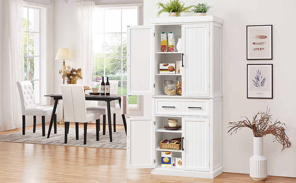 Шафа для зберігання Yaheetech 183,5 см, кухонна шафа з регульованими полицями та 2 шухлядами, багатоцільова шафа для дому, буфет для їдальні, велика, біла