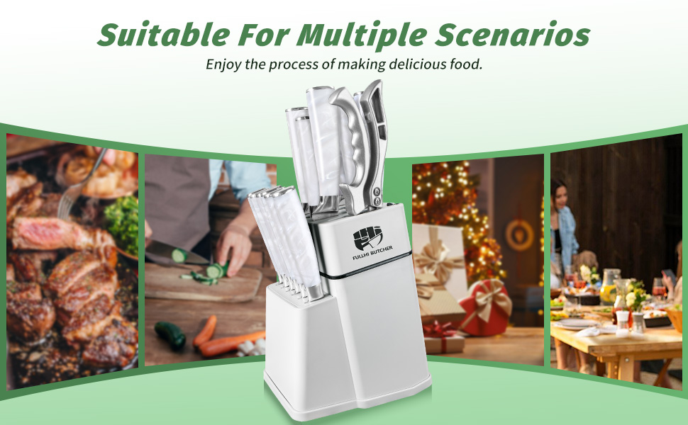 Набір кухонних ножів Fullhi 14 предметів у бруску з точилкою: кухонні ножі, ножі для стейку, багатокольорові ручки. Чудовий подарунок для чоловіків та жінок.