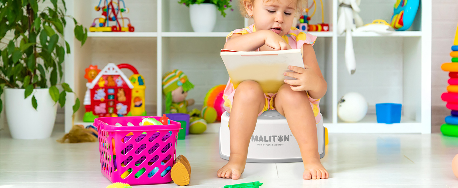 Дитяче сидіння на унітаз Maliton з двоступеневою підніжкою для дітей 1-8 років, біло-сіре або біле