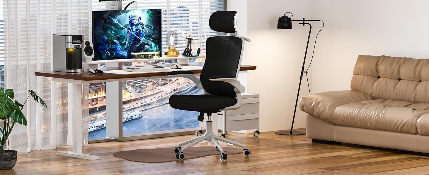 Ергономічне крісло для офісу з регульованою підголівником та поперековою підтримкою – високе офісне крісло з сітчастою спинкою та м'яким сидінням, вішалка для одягу та функцією блокування (Чорний колір з білим каркасом)