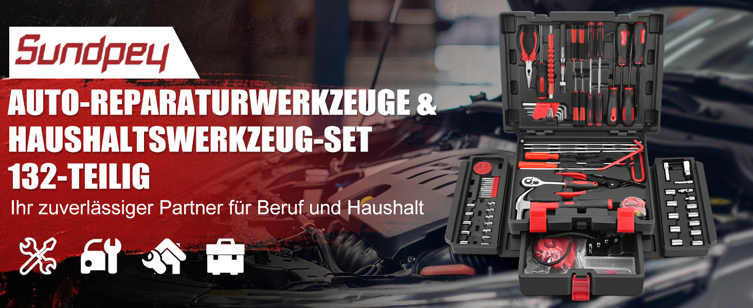 Набір інструментів Sundpey 379 предметів у кейсі з висувним ящиком, універсальний набір для дому та ремонту, червоний (132 предмети)