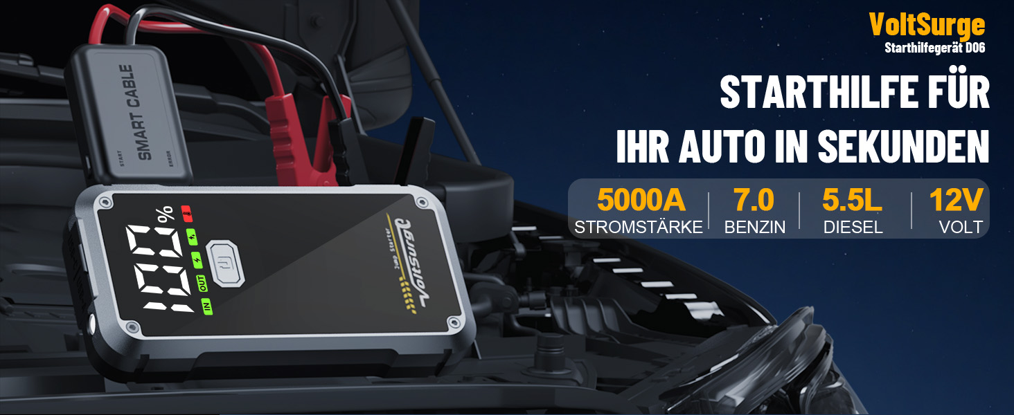 Powerbank Starthilfe VoltSurge 5000A: Зарядний пристрій для автомобіля, пусковий запуск, 5000A, 12V, для бензинових (7.0L) та дизельних (5.5L) двигунів, з LED-ліхтариком