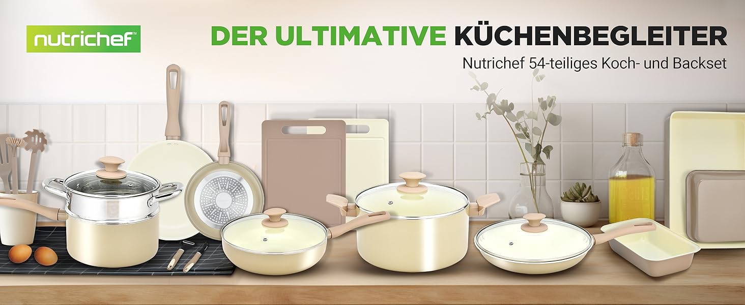 Набір посуду NutriChef 54 шт. – сковороди, каструлі, кухонні аксесуари талового кольору. З ножами, формами для випічки та аксесуарами. Підходить для індукційних, газових та електричних плит. Здорове та дієтичне приготування їжі