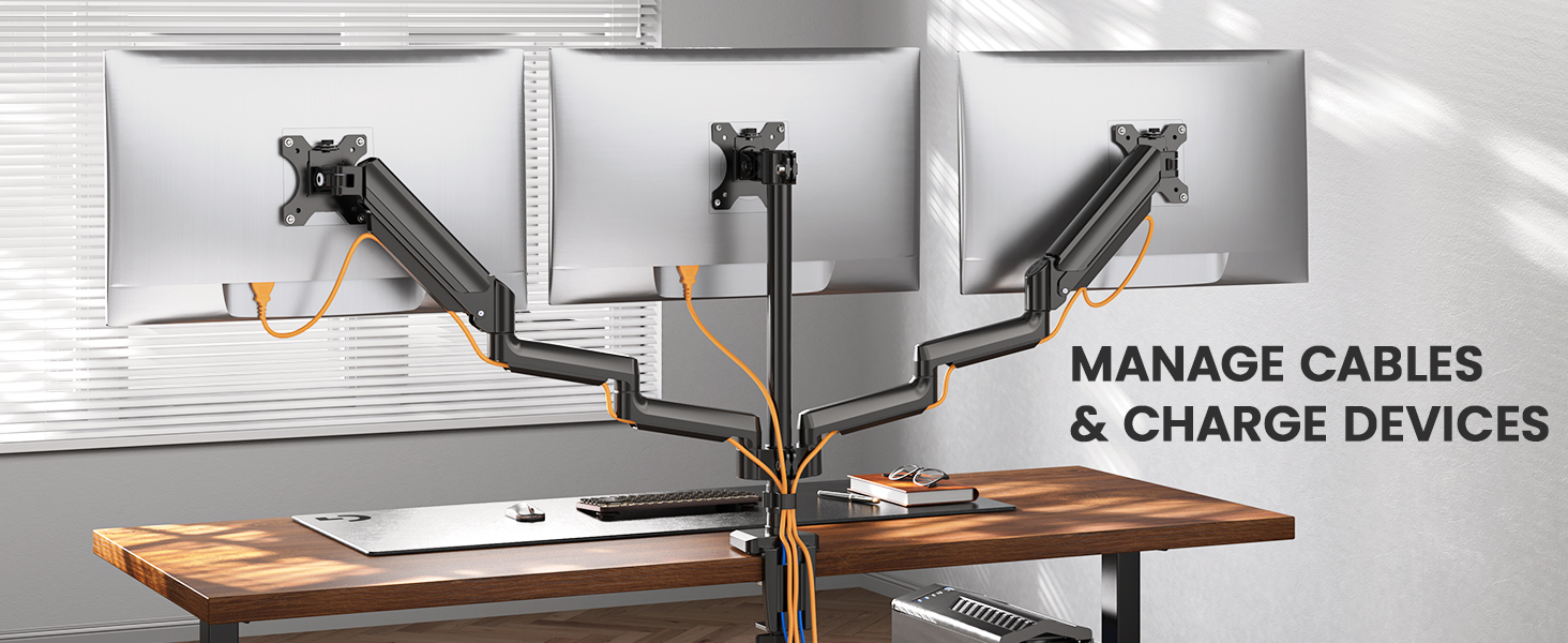 Тримач для моніторів ErGear на 3 монітори (13-27 дюймів), VESA 75/100, 2 USB, чорний