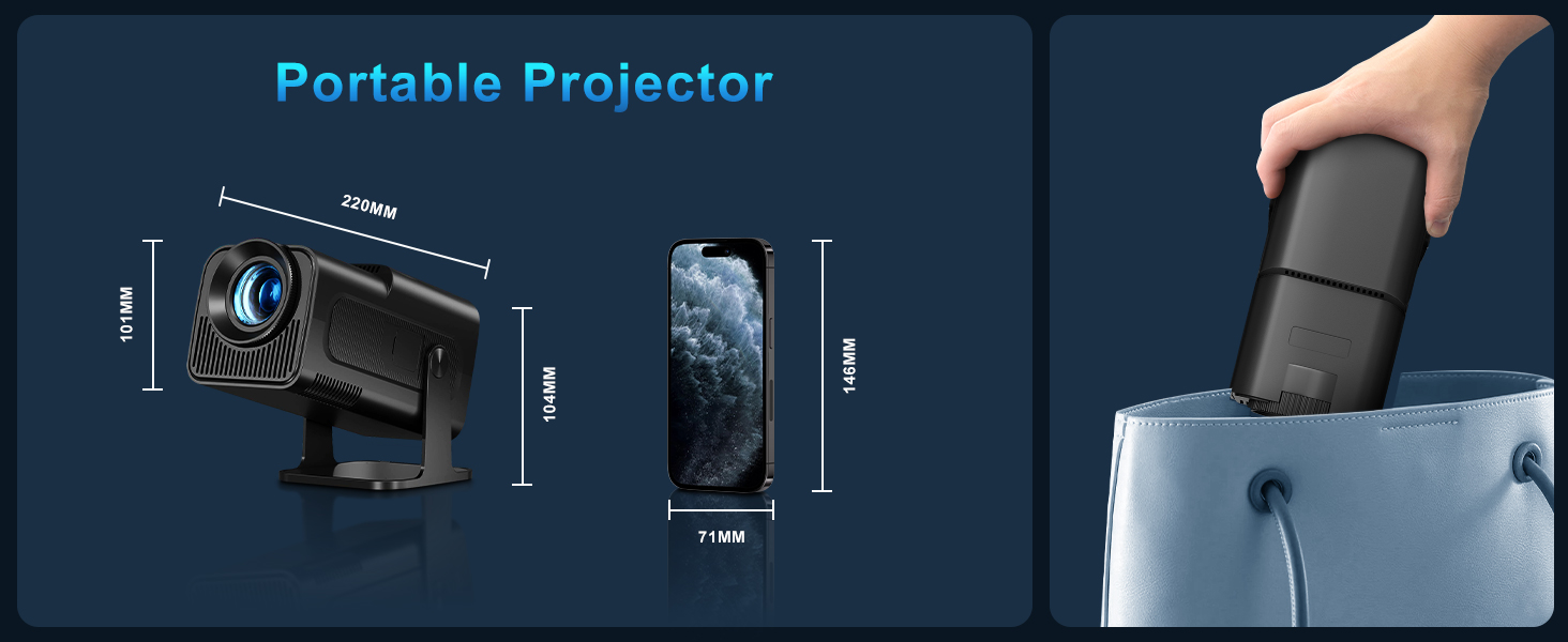 Портативний проєктор Mini Beamer 4K з підтримкою WiFi 6 та Bluetooth 5.4. Підходить для Android 11, HDMI, TV Stick, Laptop. Автоматична корекція траєкторії, обертання 360° (HY320)