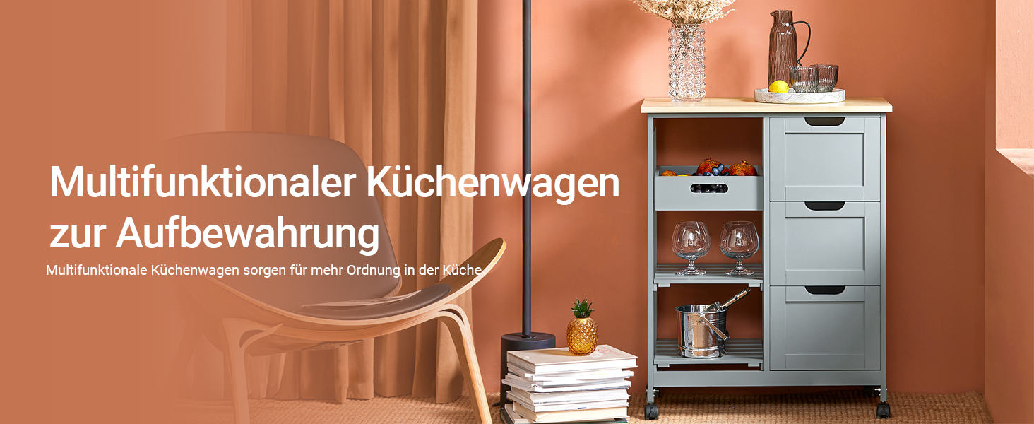 Сервізний візок SoBuy FKW79-SCH – кухонний візок з 2 полицями та підносом, сірий, 68x85x38 см, до 50 кг, MDF