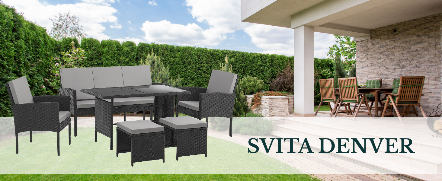 Садовий набір меблів SVITA Denver з поліротангу 4 предмети: 2 крісла, диван на 2 місця, стіл - чорний, сталевий каркас, водостійкий PE-ротанг, подушки