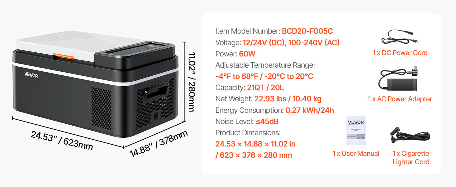 Автомобільний холодильник VEVOR 20л з Wi-Fi, 12/24В DC та 100-240В AC: портативний компресорний автохолодильник для кемпінгу, подорожей, риболовлі