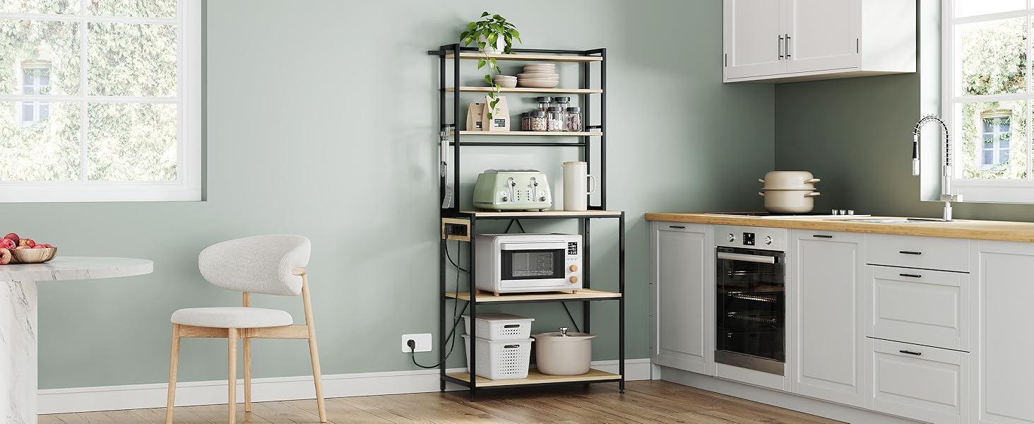 Кухонна полиця WOLTU з 6 ярусами, з розетками, для мікрохвильової печі, з металевим каркасом, регульовані полиці, Чорний+Рустикальний коричневий, 60 x 167 x 40 см