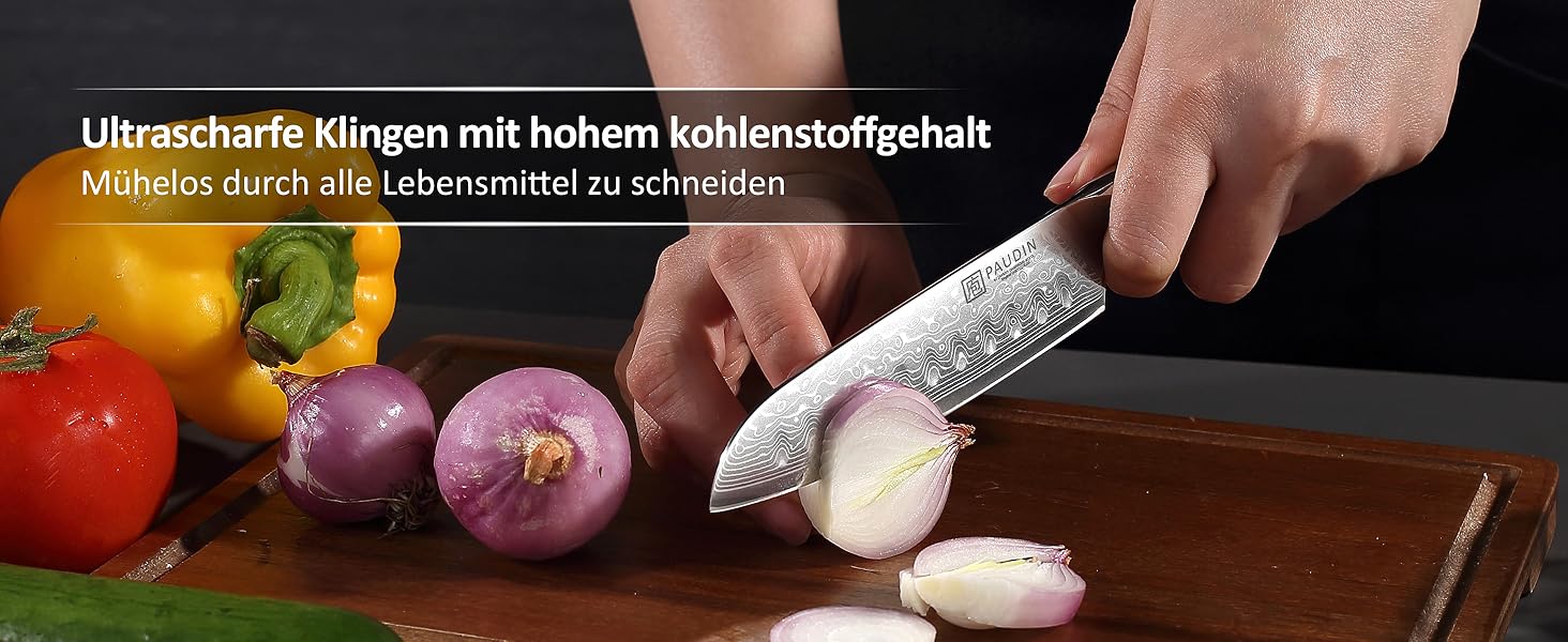Японський ніж Santoku PAUDIN з дамаської сталі 13 см - професійний кухонний ніж для кухні, надзвичайно гострий, з ергономічною ручкою G10