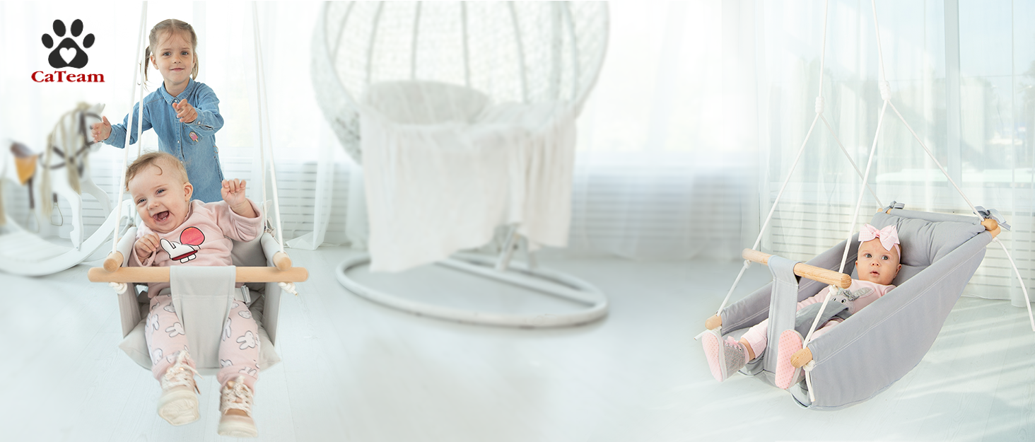 Дерев'яна гойдалка для малюків Cateam - ідеальна для дому та саду. З безпечним ремінцем, від 12 місяців. Елегантно-кремовий колір.
