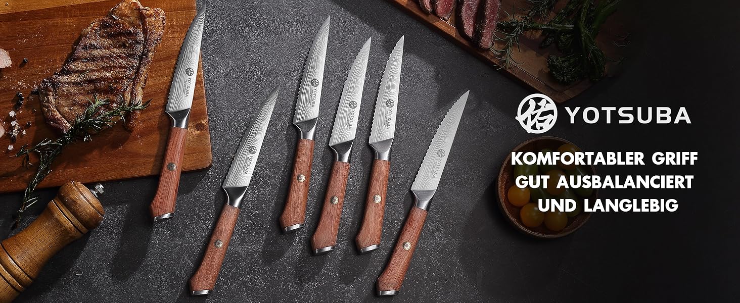 Набір кухонних ножів YOTSUBA Profi з дерев'яним блоком та точилкою, ножиці, набір кухонних ножів з нержавіючої сталі, набір кухонних ножів для кухні (ніж для стейка - 6 шт)