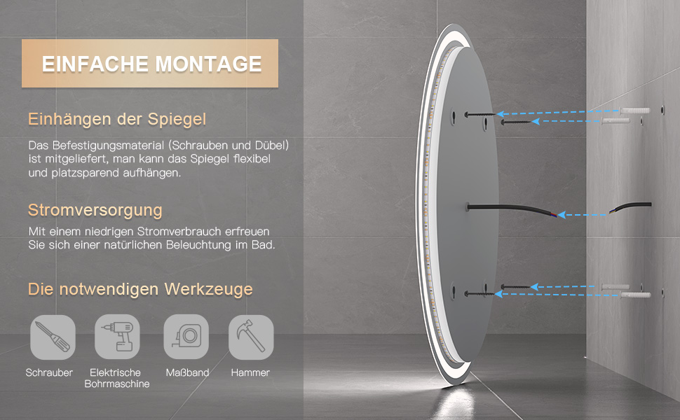 Дзеркало для ванної кімнати Dripex з підсвічуванням LED, сенсорне керування, регулювання яскравості, 3 кольори світла, антизапарник, овальне, 50 x 70 см