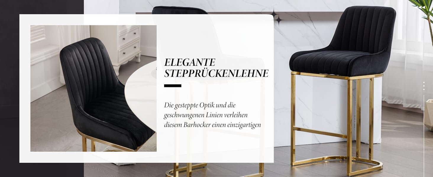 Набір з 2 барних стільців з велюру з золотистими металевими ніжками, м'яке сидіння, зі спинкою, без підлокітників для кухонної зони/домашнього бару (Чорний)