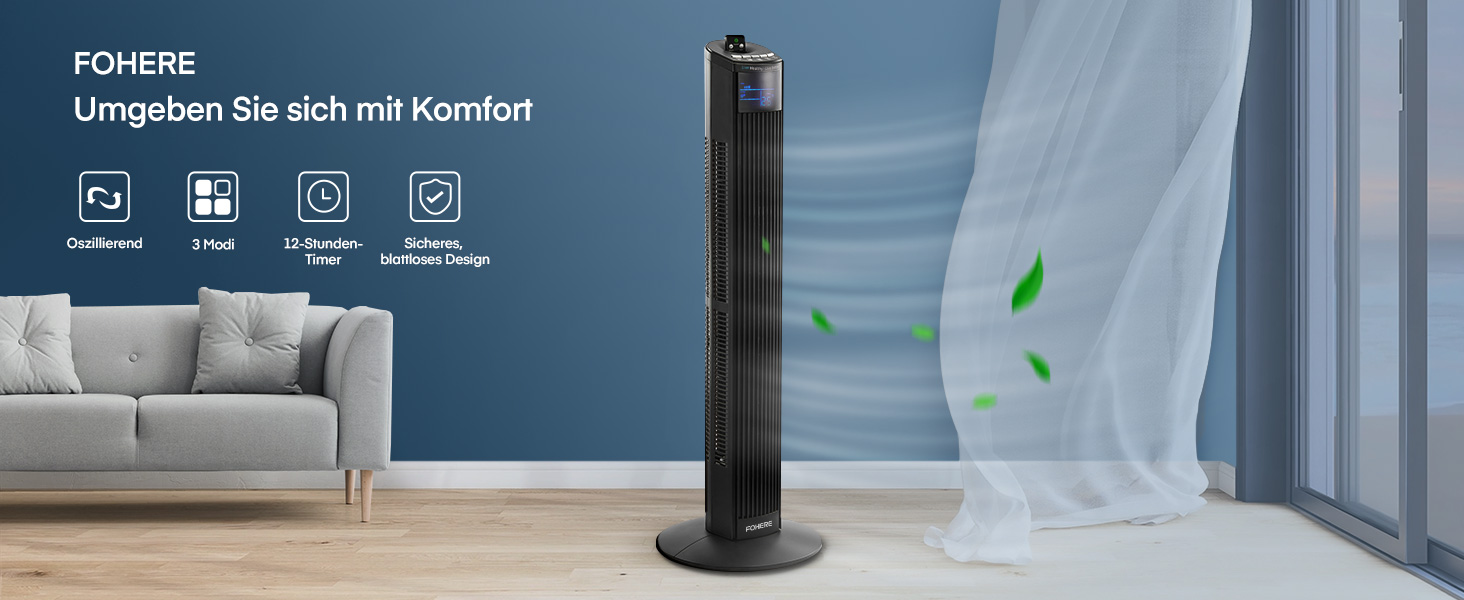 Вентилятор підлоговий FOHERE Leiser Turmventilator 91 см з пультом, таймером та нічним режимом, чорний