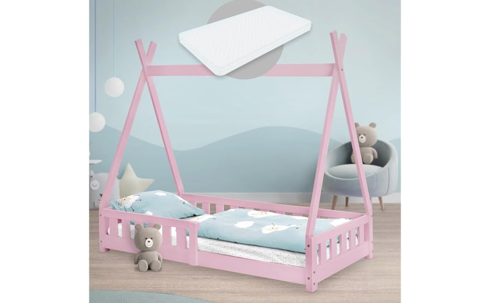 Дитяче ліжко-халапа Tipi ML-Design біле з бортиками та ламелями, з сосни, індіанське ліжко для дівчаток та хлопчиків, ліжко-будиночок з огорожею, підлогове ліжко-халапа для дітей та підлітків, ігрове ліжко-намет (80x160 см з матрацом, рожеве)