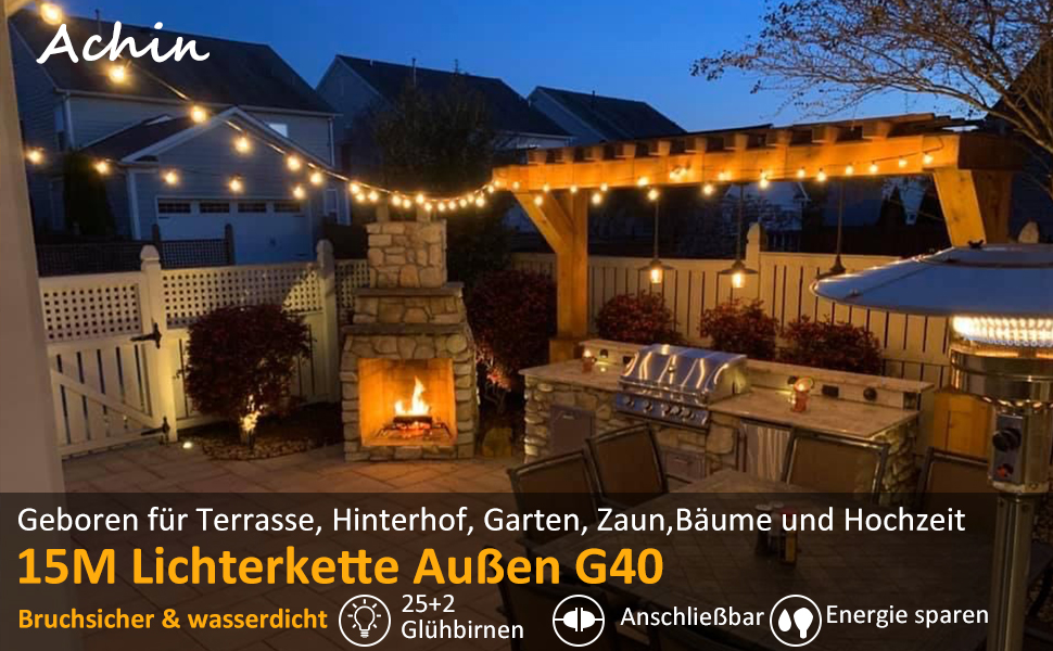 LED гірлянда на 15 метрів, тепле біле світло 2700K, 25+2 лампочки G40 E12, димер, для зовнішнього використання, сад, вечірка, тераса