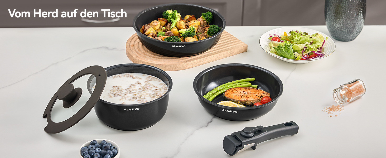 Набір каструль та сковорідок 9-ти частинний з антипригарним покриттям, для всіх типів плит, включаючи індукційні, сумісний з духовкою (темно-сірий)