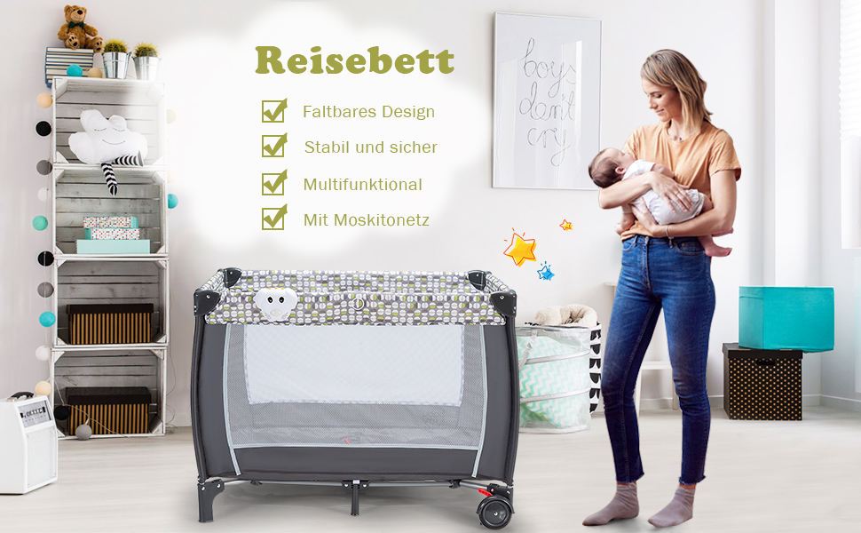 Детское путешествие 102x72 см: складная кроватка-манеж для новорожденных и детей 0-36 месяцев с матрасом, колесиками, москитной сеткой и пеленальным столиком, 3 в 1 (Model 2-gray)