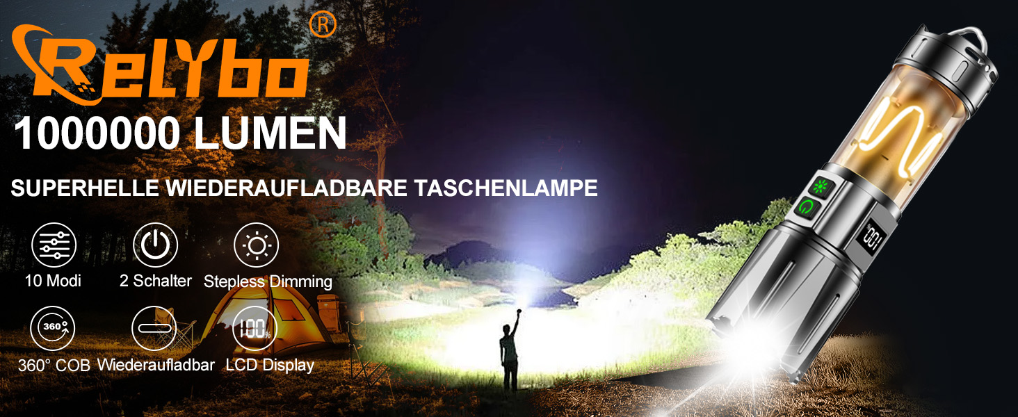 Потужний тактичний ліхтар Relybo LED, 1 000 000 Люмен, акумуляторний, з USB-зарядкою та плавним регулюванням яскравості, для кемпінгу та екстрених ситуацій (Чорний глянець)