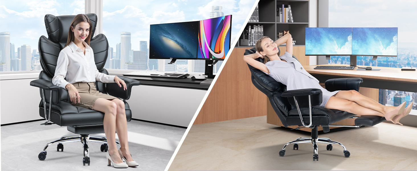 Ергономічне крісло для офісу з висувною підніжкою, регульоване по висоті, велика м'яка спинка, індивідуальна підтримка попереку, крісло для начальника з PU-шкіри, чорне з підніжкою