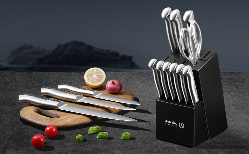 Набір кухонних ножів 14 предметів у блоці: кухонні ножі, ніж кухарський, шліфувальник, подарунок мамі. Білий набір ножів