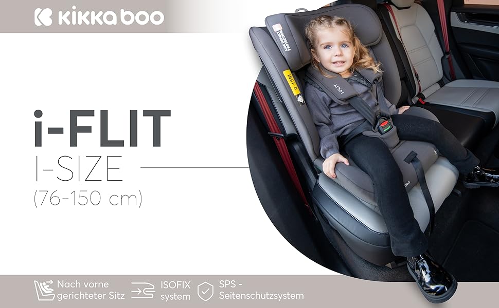 Автокрісло KikkaBoo i-Size i-FLIT 9-36 кг ISOFIX, Група 1/2/3, 15 міс. - 12 років, SPS, Top Tether, регульована підголовник, темно-сірий