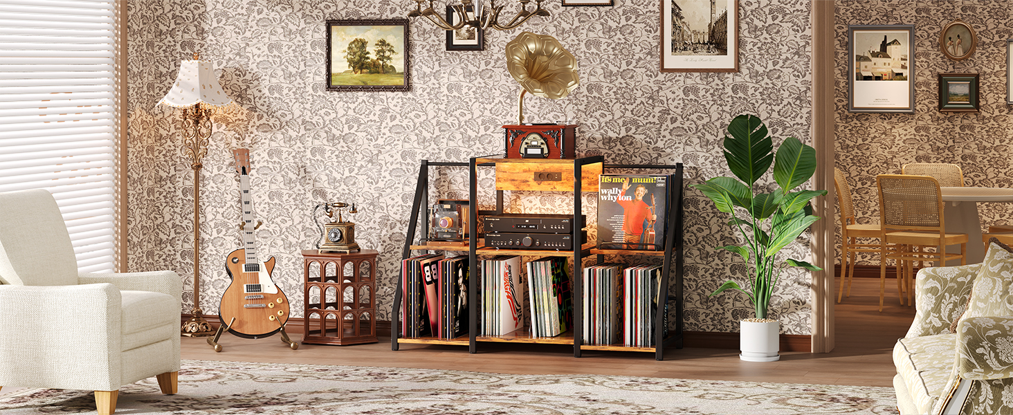 Підставка для програвача вінтаж велика з розеткою та LED-підсвіткою, тримач для платів, полиця для вінілу на 300 альбомів, для вітальні, спальні