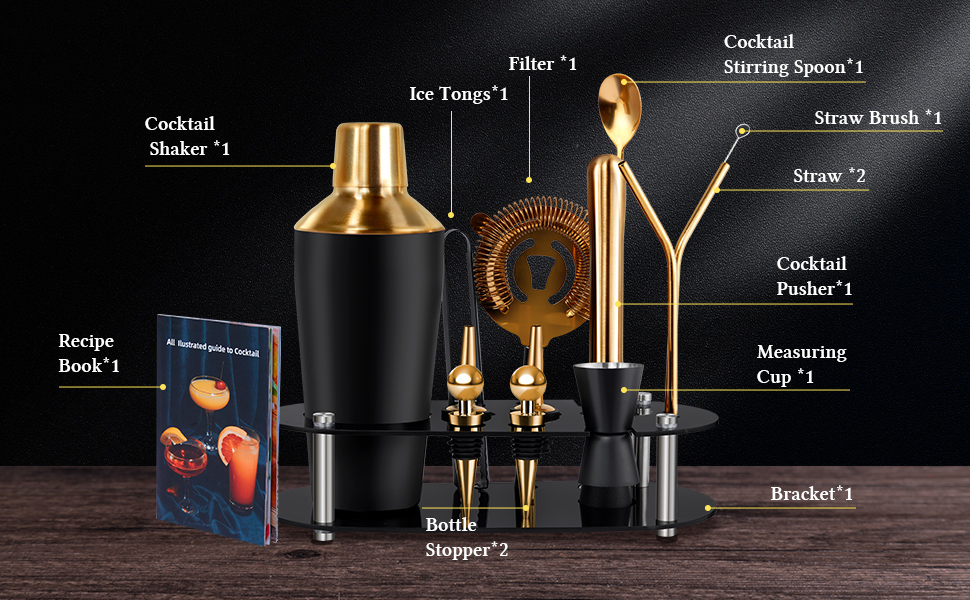 Шейкер для коктейлів Zanfqvo 700 мл, набір із 14 предметів із підставкою та аксесуарами, набір для бармена для початківців та професіоналів (золото)
