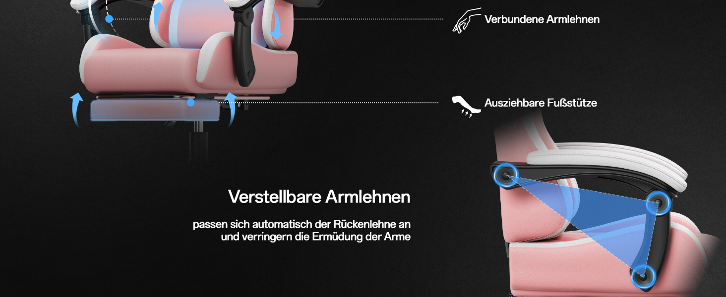Ігровий крісло JUMMICO з масажем, ергономічний офісний стілець з підголовником, регульована спинка 90-135°, підставка для ніг, витримує до 150 кг (Рожевий, Компактний)