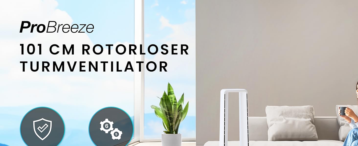 Вентилятор без лопатей Pro Breeze 101 см з LED дисплеєм, 6 швидкостей, 5 режимів, авто-коливання 60°, таймер 7 годин, управління через додаток та пульт, білий