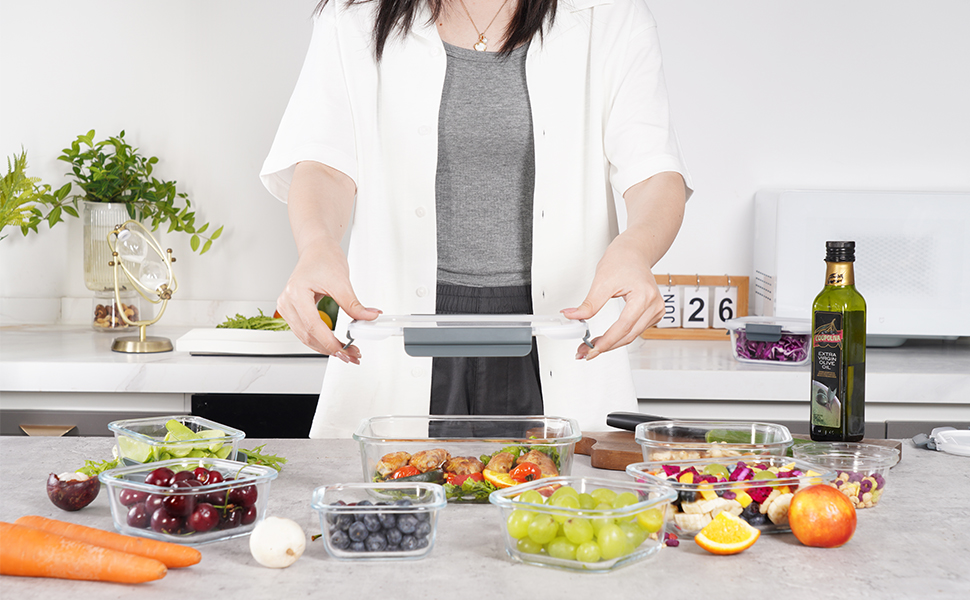 Набір контейнерів для зберігання продуктів Glas, 18 шт. (9 контейнерів, 9 кришок), безпечні для миття в посудомийній машині, мікрохвильовій печі та морозильній камері, з герметичним закриттям, без BPA, сірого кольору