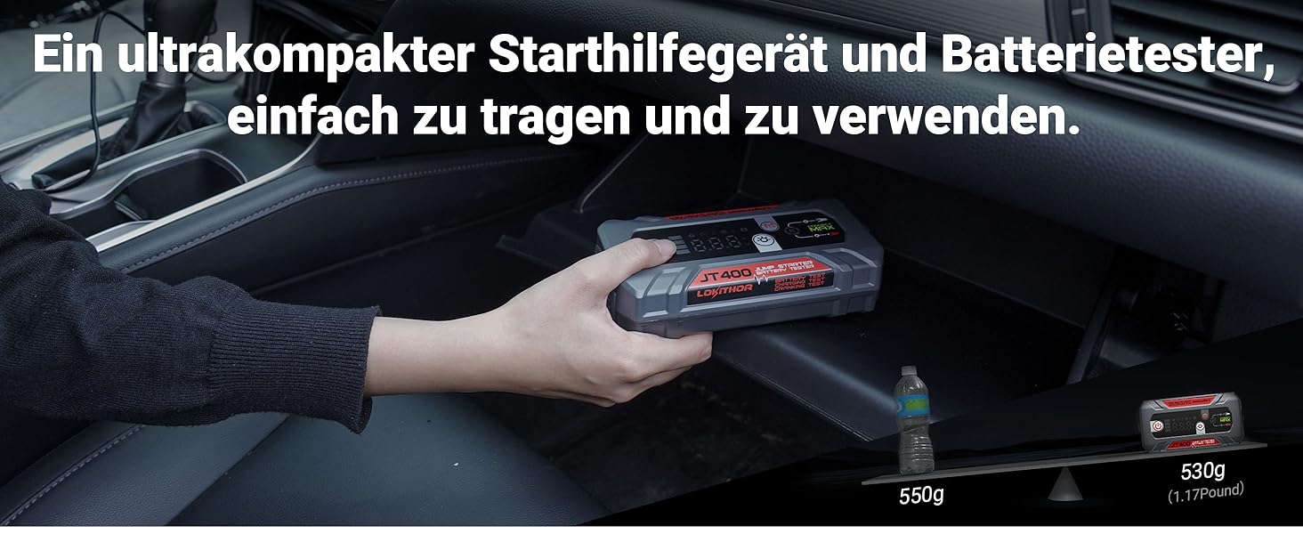 Портативний пусковий пристрій та тестер акумулятора LOKITHOR JT400: 2500A, 12V, для бензинових (8.5L) та дизельних (6.5L) авто