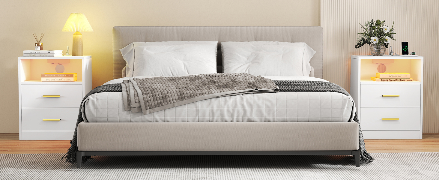 VASAGLE Custos: Набір з 2 тумбочок з LED-підсвіткою та зарядкою, білий, з шухлядами та USB-портами