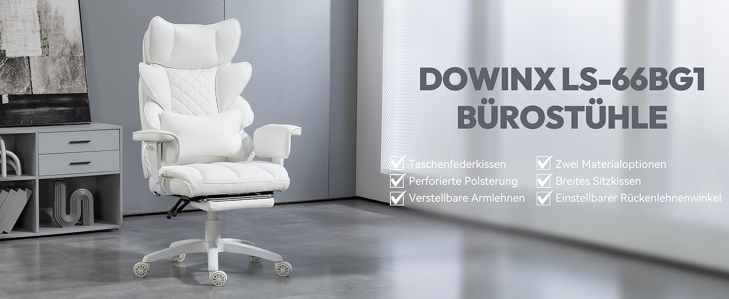 Ігровий крісло Dowinx, ергономічний офісний крісло з кишеньковим пружинним подушками, крісло для начальника з двошаровою м'якою спинкою та регульованою поперековою подушкою, підлокітниками та підставкою для ніг (білий, PU)